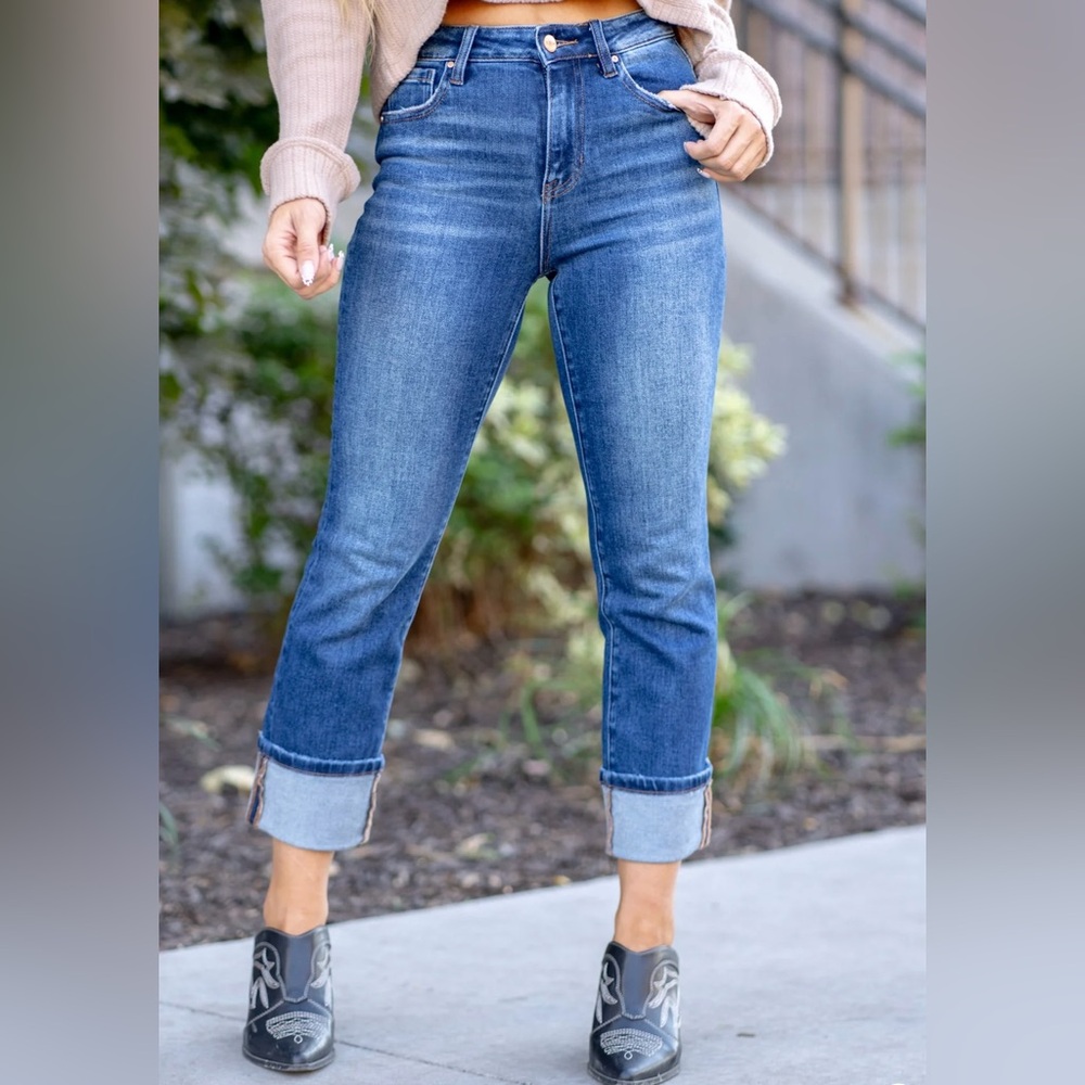 KANCAN high rise cuff straight leg cropped jeans - Picture 7 of 7